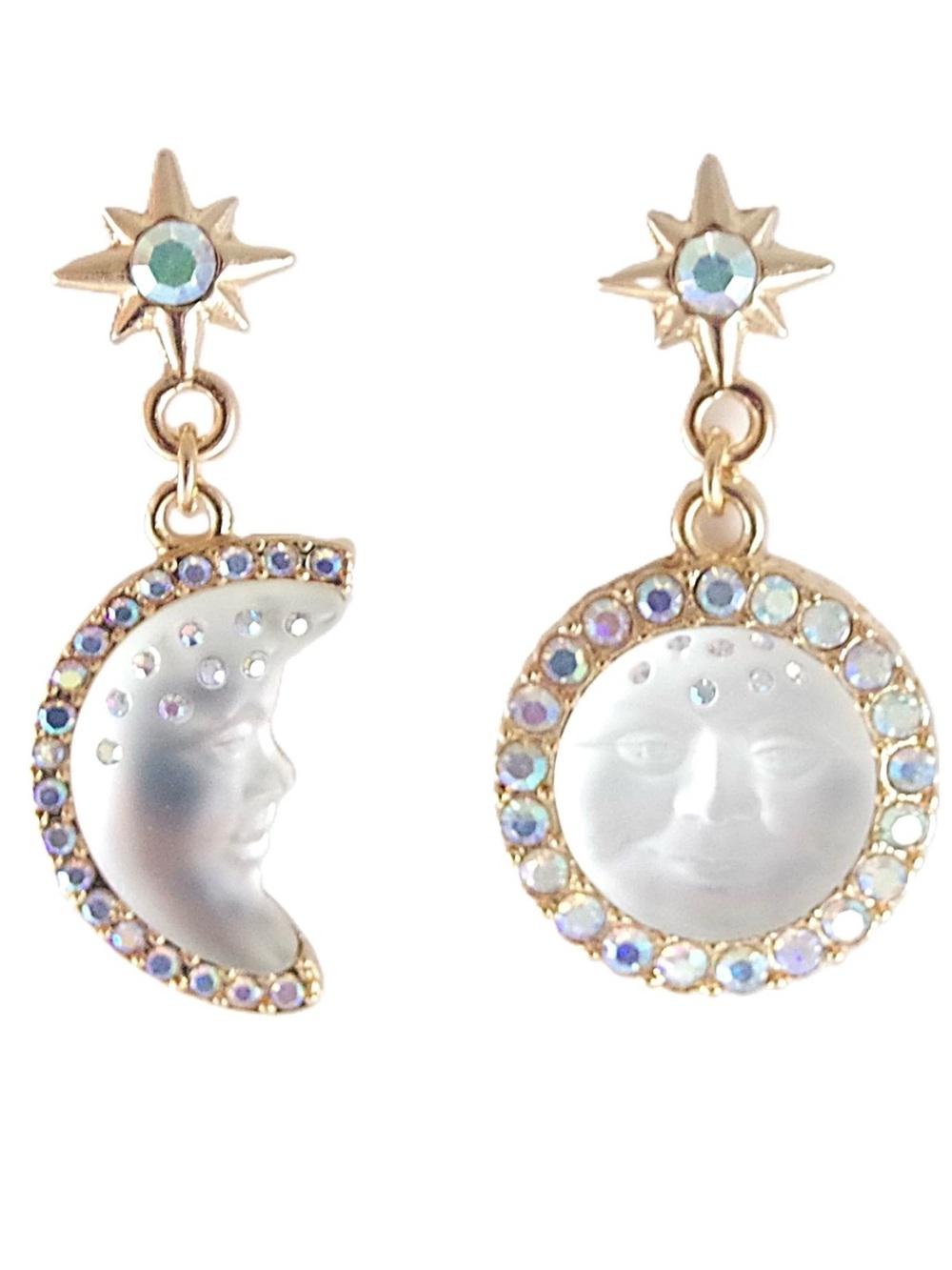 2" KIRKS FOLLY WHITE SEAVIEW MOON FACE CRYSTAL RHINESTONE DROP DANGLE EARRINGS